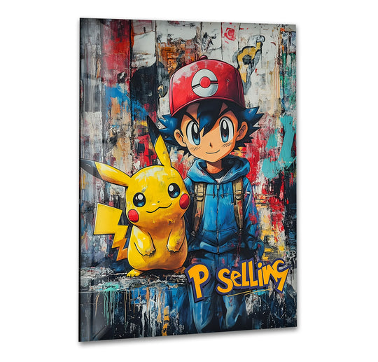 Graffiti-splattered background adds an urban vibe to the dynamic duo street art, offering a colorful backdrop to the cartoon characters in these cool wall prints.