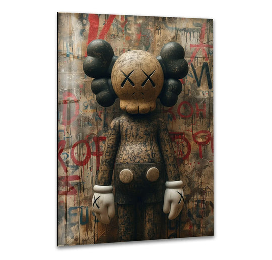The brown Kaws figure is a glass wall art featuring bold vintage artwork and abstract graffiti making a statement in cool art and wall decor