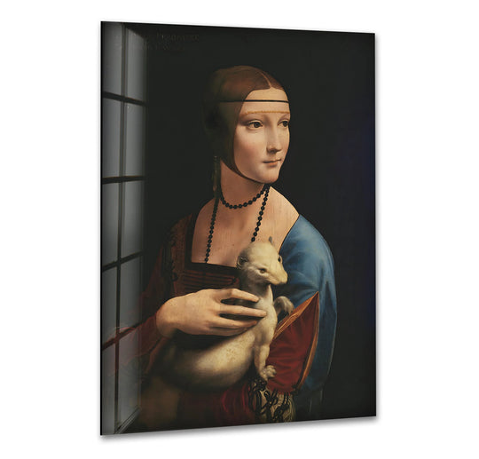Abstract quality of the Lady with an Ermine glass wall artwork evokes a classical Renaissance mood.