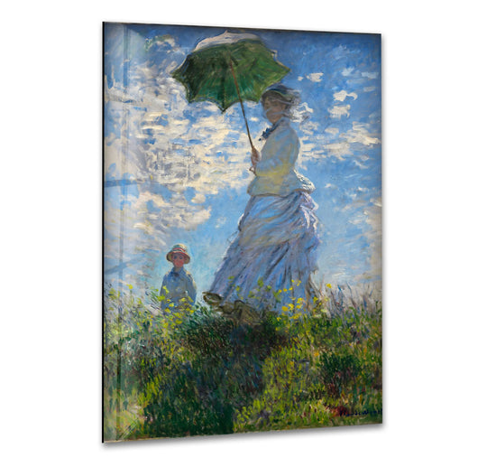 Darkest green hues of the parasol dominate the top of this Woman with a Parasol glass wall art, ideal for home decoration.