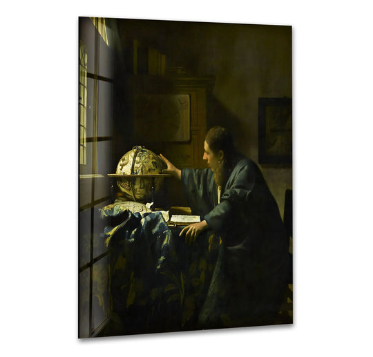 A contemplative astronomer in a darkened room gazes at a celestial globe, capturing a moment of profound stillness in this print wall art.