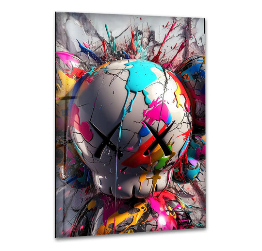 The glass wall art features a Kaws colored painting and vibrant modern decor with abstract cool art and a high quality UV print on durable tempered glass