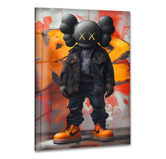 Kaws Orange glass wall art features a stylish Kaws figure and bold urban art and is a vibrant modern wall decor to elevate your cool art space