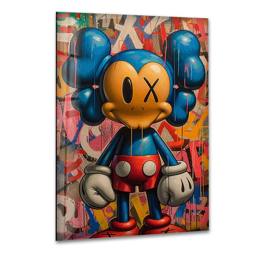 The cool art is Kaws Blue Boxer glass wall art featuring graffiti and famous art paintings and bold blue colors