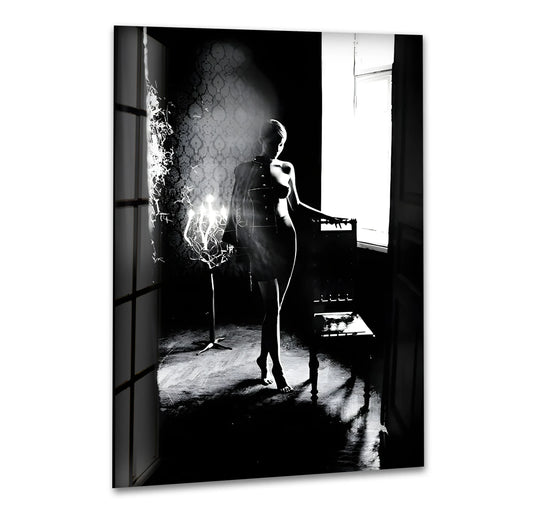 Shadowed Allure glass wall art bold erotic nude artwork and sensual sex art is printed with eight K clarity on durable glass