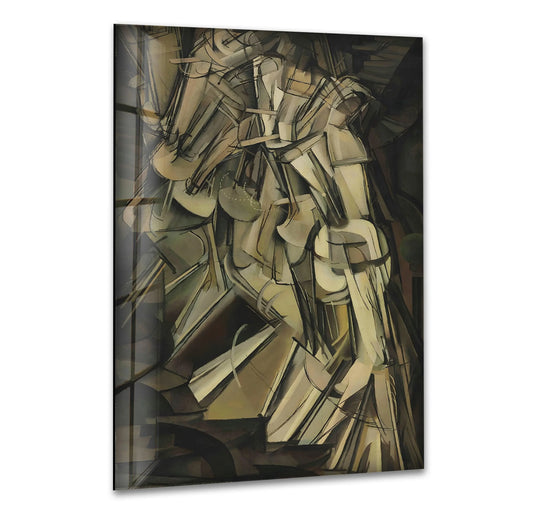 A shimmering glass wall art piece in earth tones captures the abstract dynamism of 'Nude Descending a Staircase No. 2' for striking home decoration.