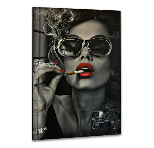 A glamorous woman in oversized sunglasses is captured in a moment of stillness, smoking a cigarette with vibrant red lips and nails, featured as art from glass.