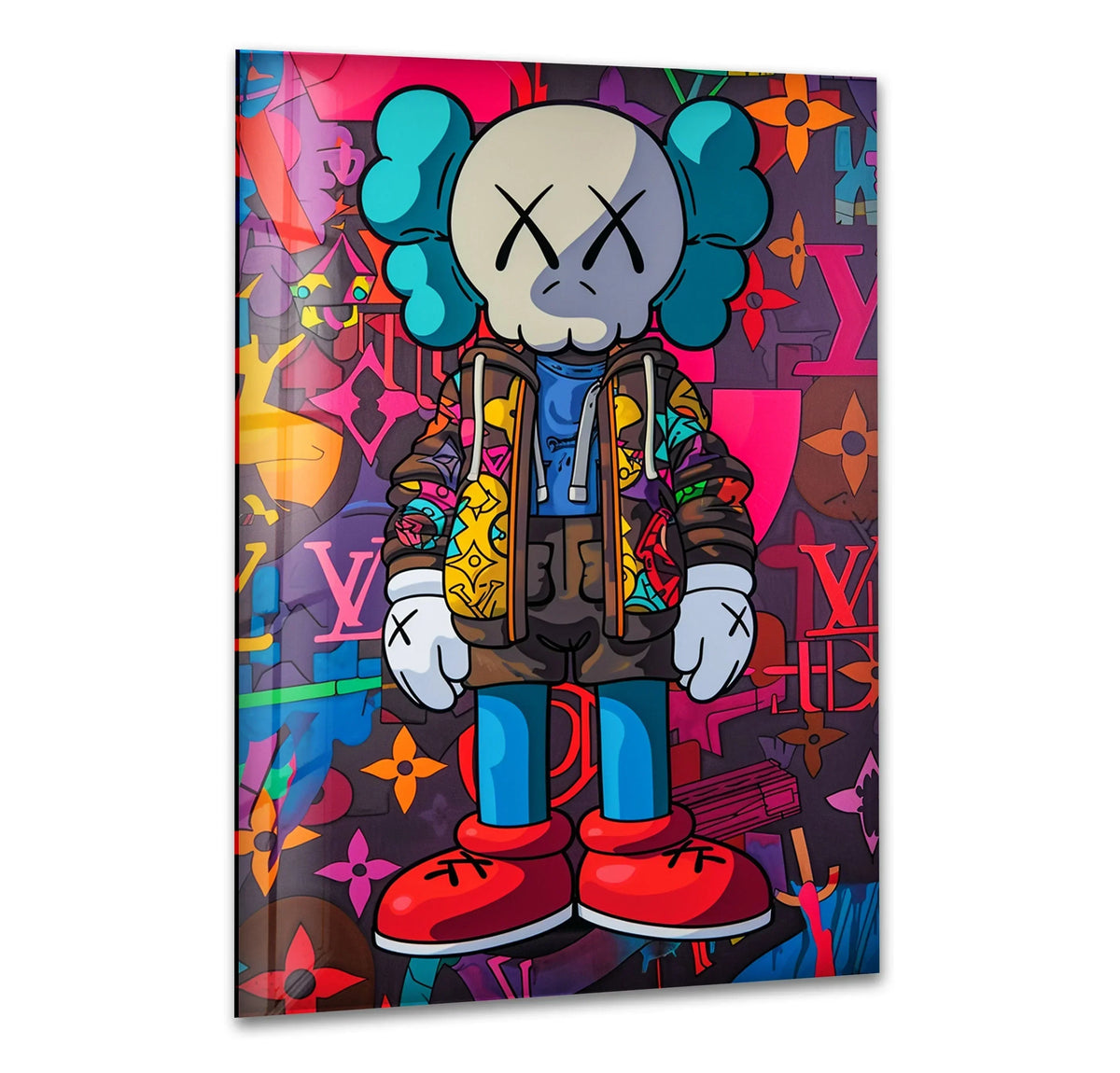 A still, vibrant Kaws Companion character artwork rendered in colorful glass print wall art stands against a psychedelic background.