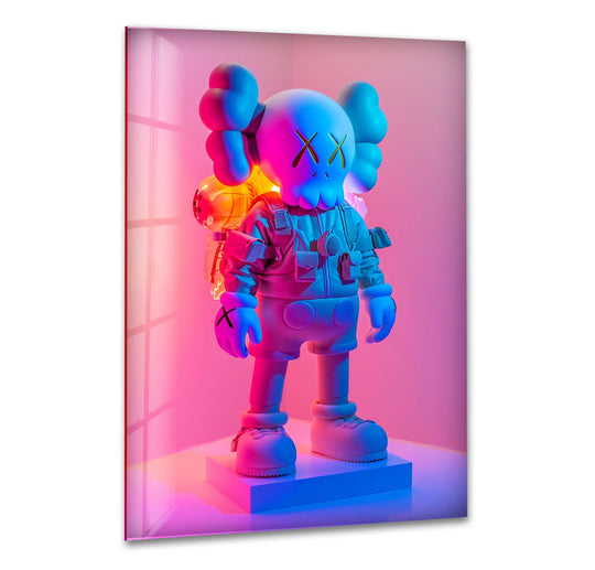 Kaws pink and blue glass wall art shows a vibrant famous artwork and colorful wall decor and abstract art is vivid