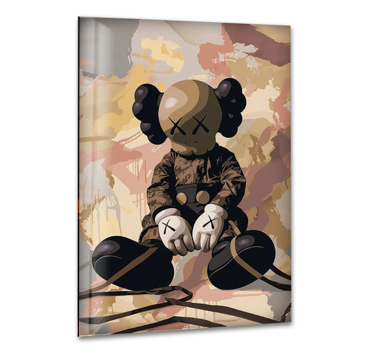 Kaws picture features a seated figure in neutral tones and it is cool art modern wall decor a Kaws painting made as glass wall art enhancing any space