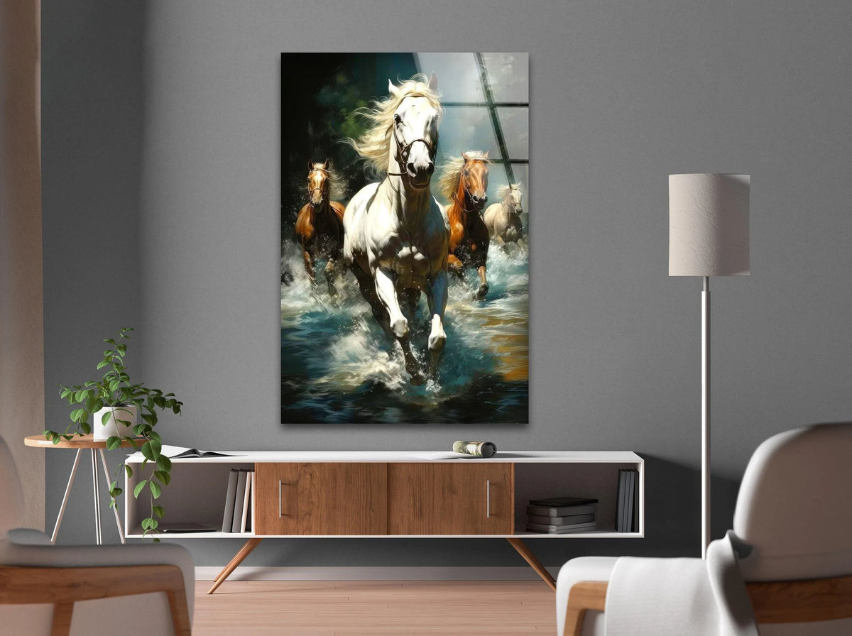Majestic white and brown horses gallop through splashing turquoise water in this captivating print wall art.