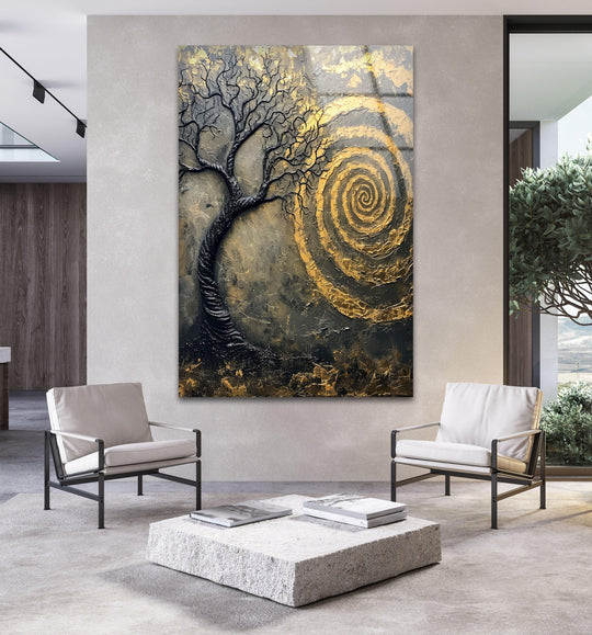 A striking contrast of deep charcoal branches against a swirling, luminous golden vortex in abstract glass wall art prints.