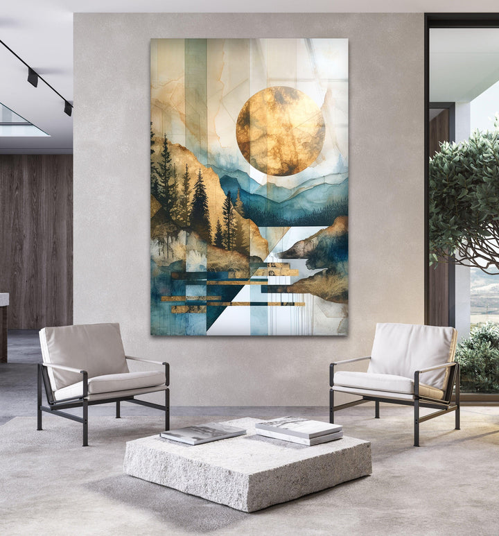 Geometric mountain peaks bathed in golden sunlight, captured in a beautiful abstract glass art piece.
