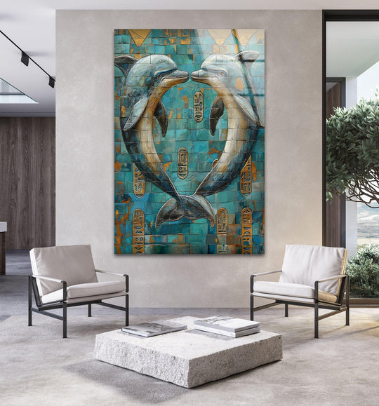 Mosaic dolphins art from glass evokes abstract aquatic energy with intricate, textured tile work.