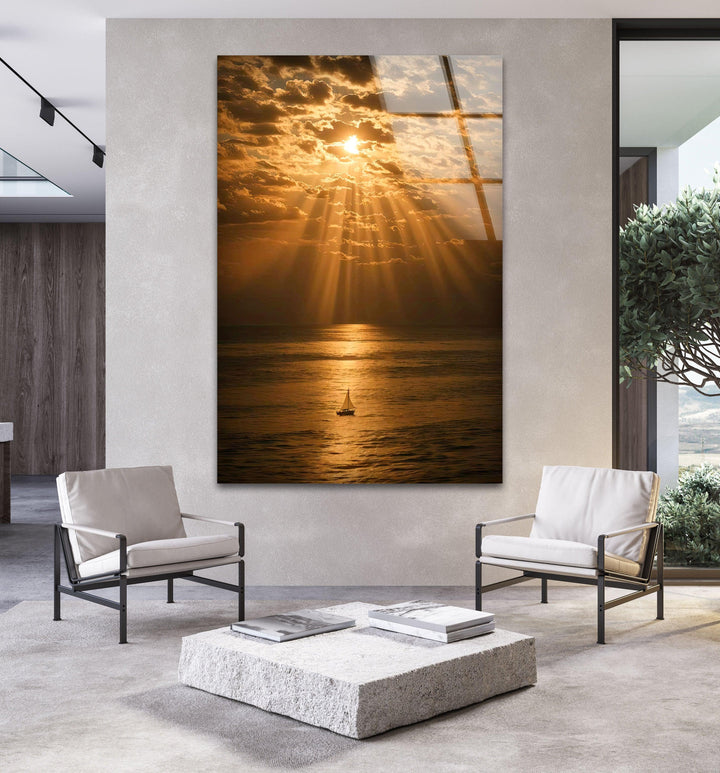 Golden Sailing at Dusk - Breathtaking beach sunset with a peaceful sailing boat, bringing serenity to your interior.

