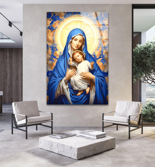 Religion glass wall art showing the Virgin Mary with a golden halo elegant Christian wall art for home décor and art collectors