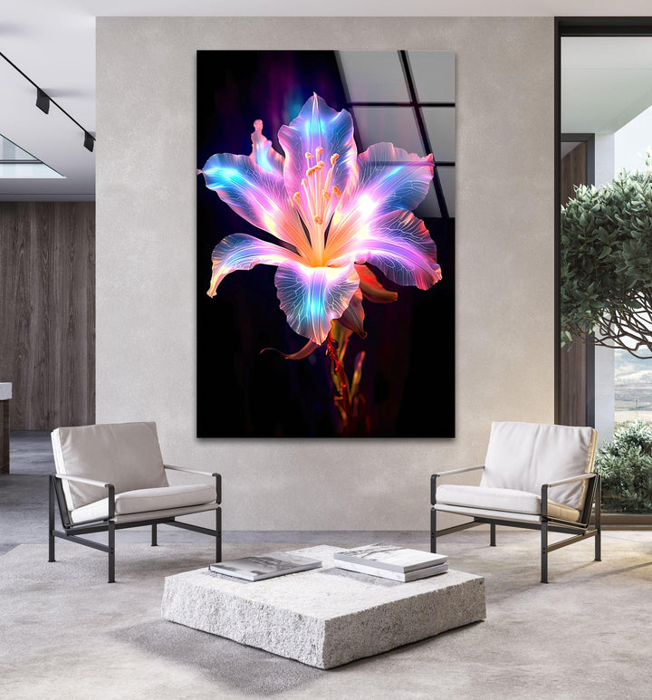 Neon Lily Flower Glass Wall Art, glass image printing, glass prints from photos