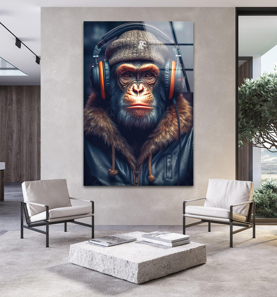 A cool monkey wearing headphones and a cap creates a striking focal point against the expansive negative space of this home decoration.