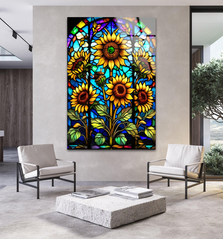 Sunflowers Stained Glass Wall Art, glass image printing, glass prints from photos