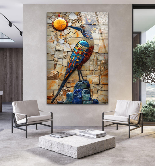 Mosaic hummingbird glass wall art shows a colorful bird and sun motif and is vibrant glass decor animal artwork