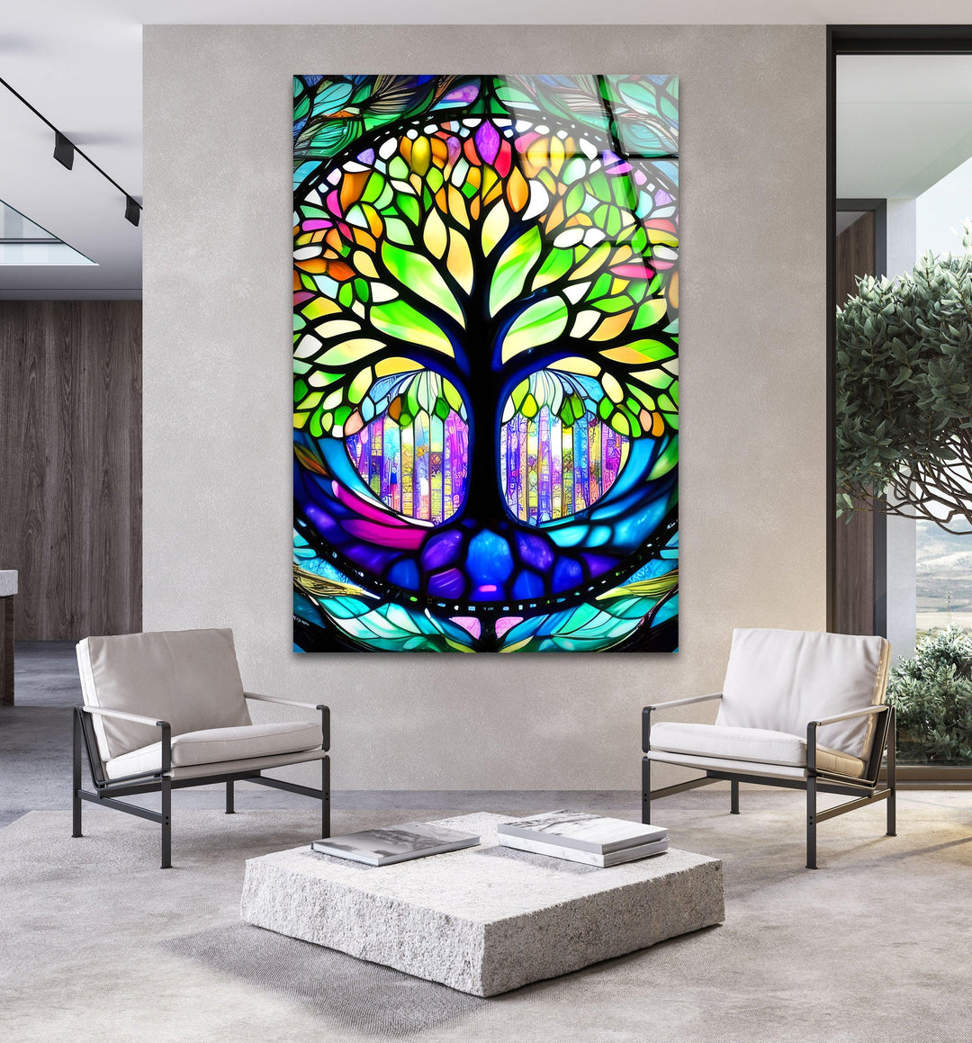 Stained Life Of Tree Glass Wall Art, glass image printing, glass prints from photos