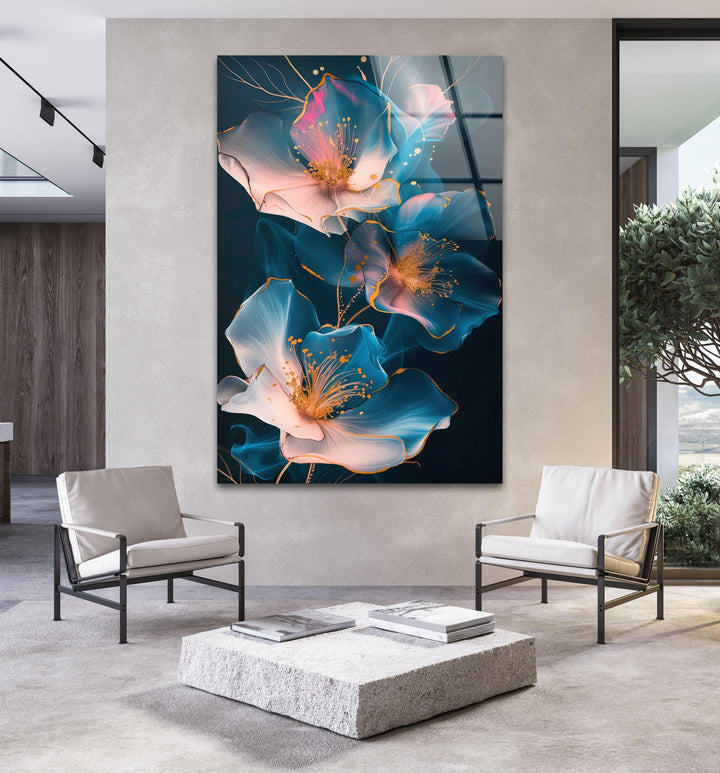 Glowing Pink Flower Glass Wall Art, glass art prints