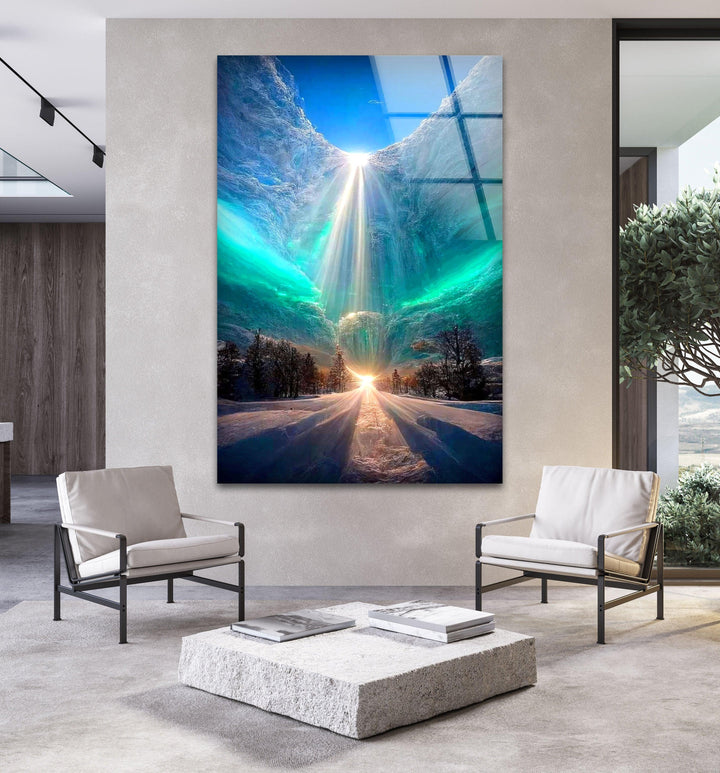 Stunning winter landscape art print with a glowing sky and surreal frozen scenery.

