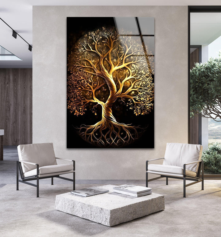 Golden Life of Tree Glass Wall Art, glass image printing, glass prints from photos