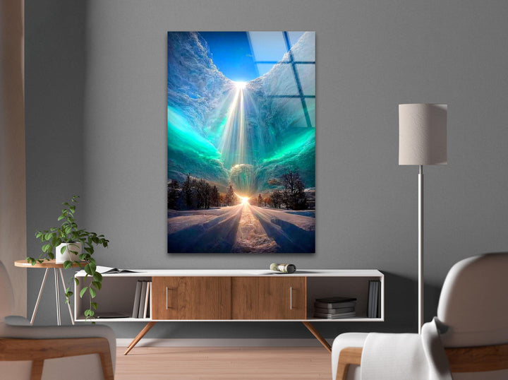 Enchanting glass wall art capturing a surreal winter wonderland with heavenly light.
