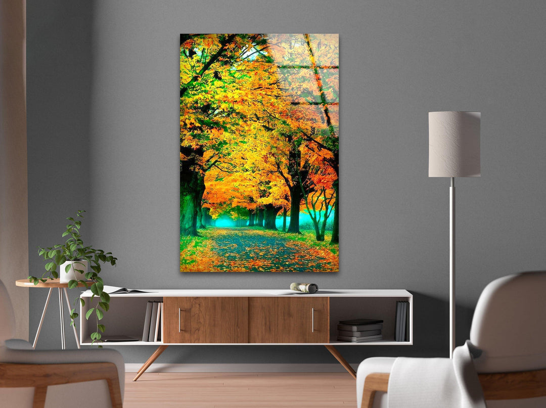 A mesmerizing fall forest pathway bathed in golden sunlight, printed on tempered glass.
