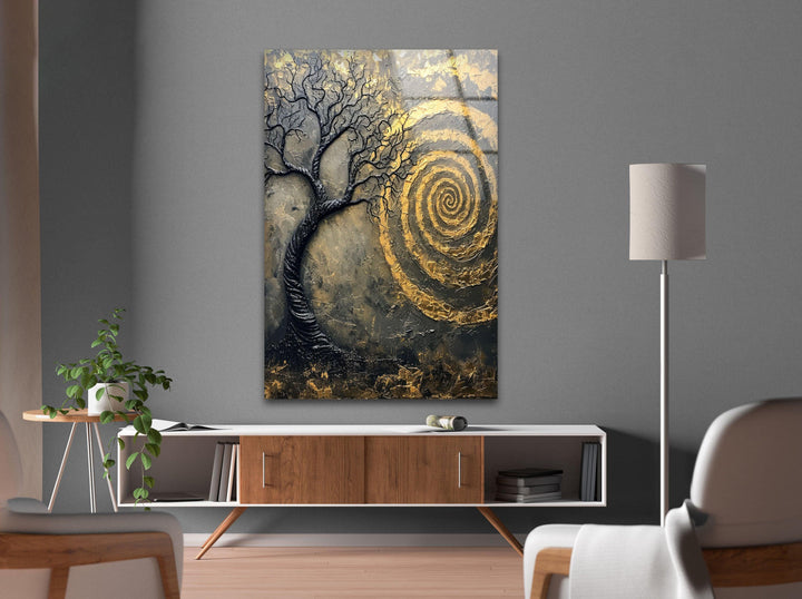 Golden Vortex and Tree Glass Printing  Wall Art