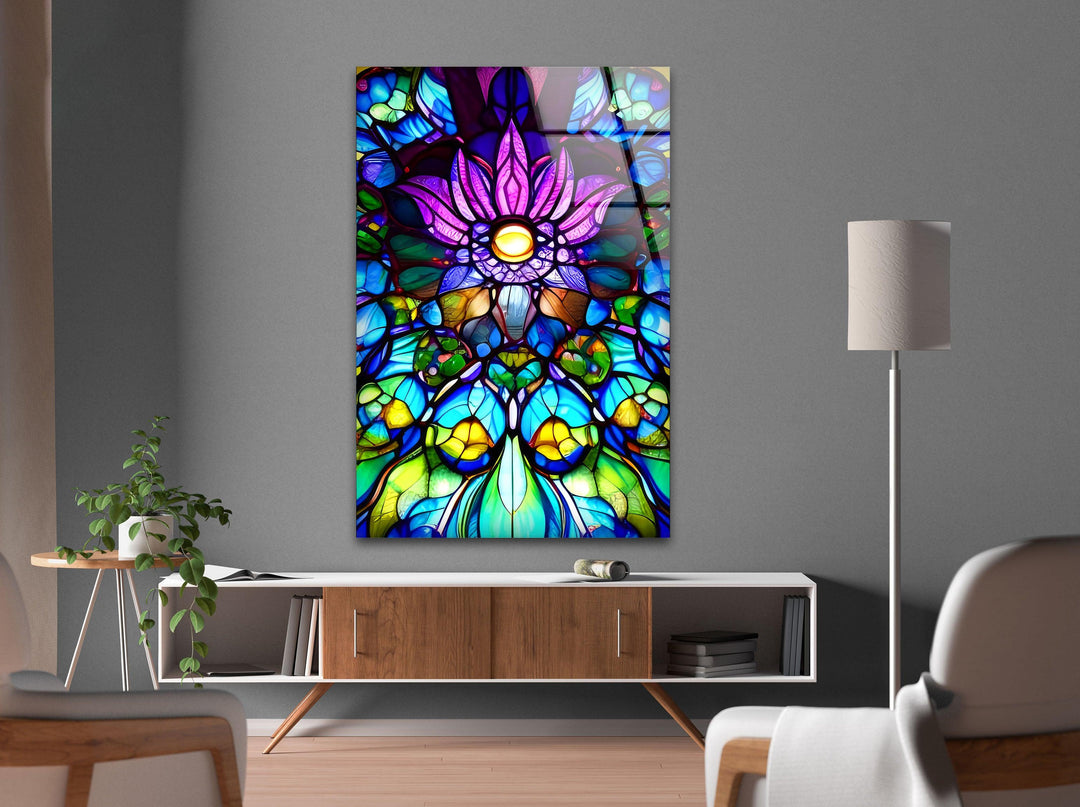 Stained Purple Floral Glass Wall Art, glass pictures for Wall, glass prints wall art