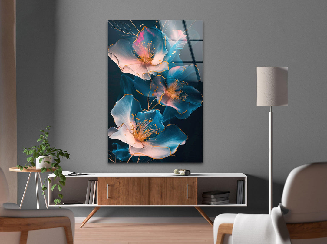 Glowing Pink Flower Glass Wall Art, glass pictures for Wall, glass prints wall art