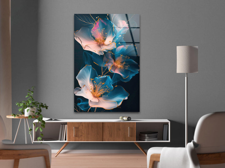 Glowing Pink Flower Glass Wall Art, glass pictures for Wall, glass prints wall art
