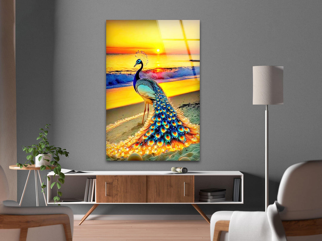 Sunset Peacock Glass Wall Art large glass photo prints, glass wall photos