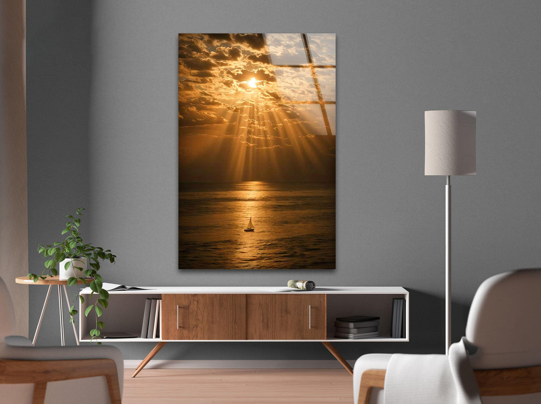 Coastal Bliss: A Golden Sunset View - Radiant sunset colors reflected in the water with a serene boat ride, perfect for your home decor.
