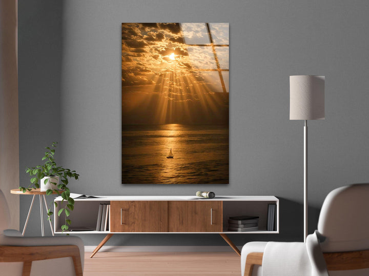 Coastal Bliss: A Golden Sunset View - Radiant sunset colors reflected in the water with a serene boat ride, perfect for your home decor.
