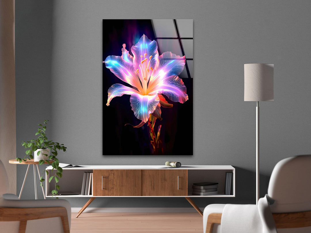 Neon Lily Flower Glass Wall Art, glass pictures for Wall, glass prints wall art