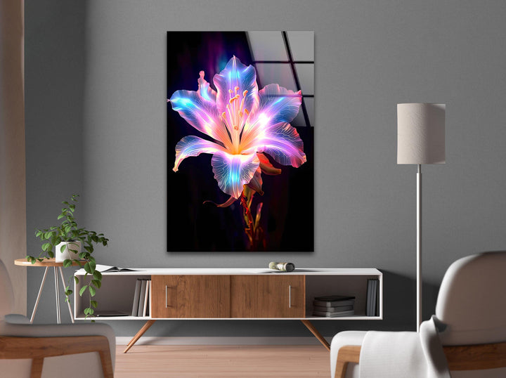 Neon Lily Flower Glass Wall Art, glass pictures for Wall, glass prints wall art