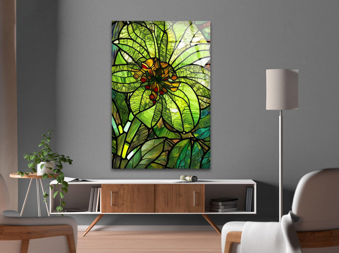 Green Flower Stained Glass Wall Art, custom glass pictures, glass art prints