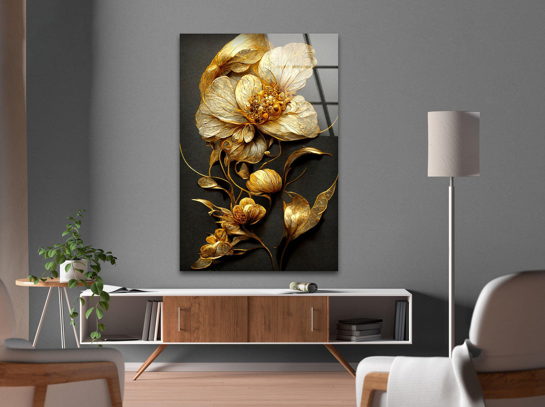 Elegant Golden Flower Glass Wall Art, custom glass pictures, glass art prints