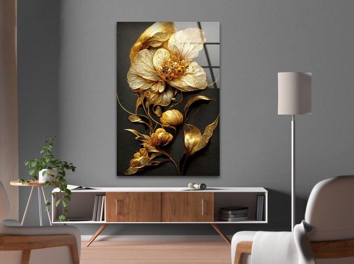Elegant Golden Flower Glass Wall Art, custom glass pictures, glass art prints