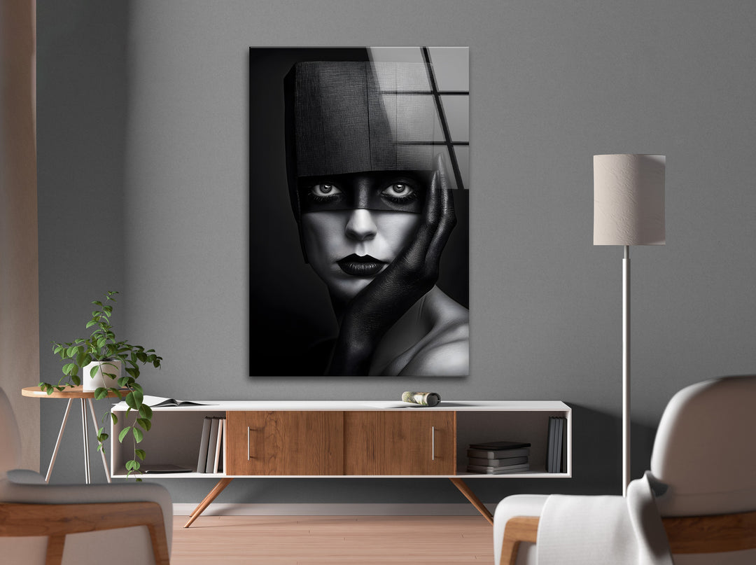 Artistic abstract portrait featuring striking contrasts, printed on glass.
