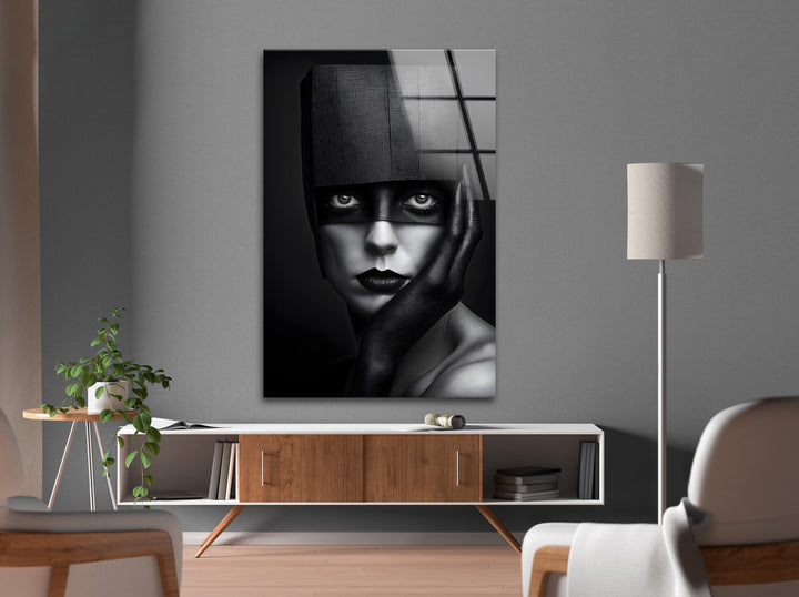 Artistic abstract portrait featuring striking contrasts, printed on glass.
