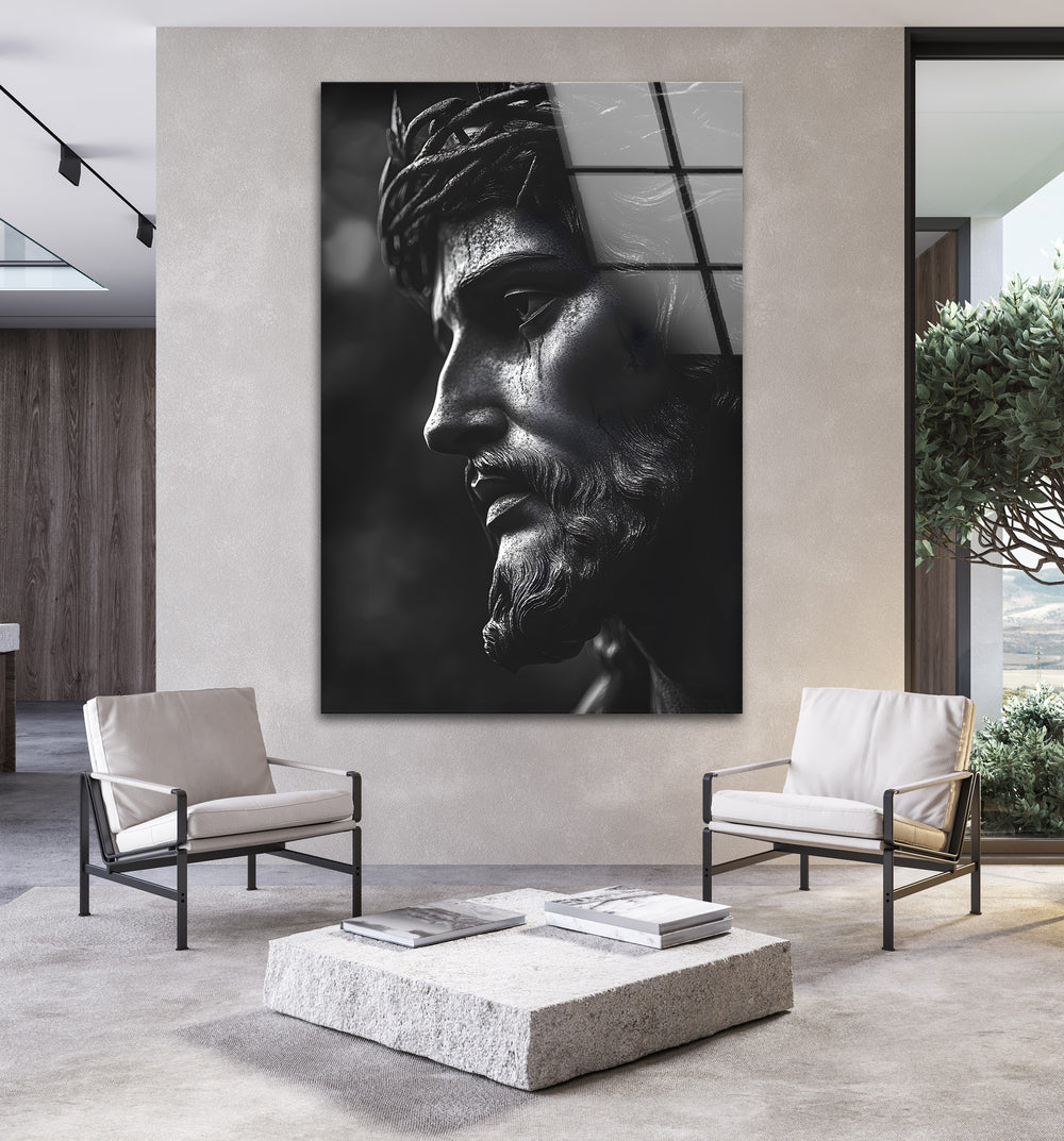 Striking black-and-white Jesus sculpture design on glass, perfect for religious and modern interiors.
