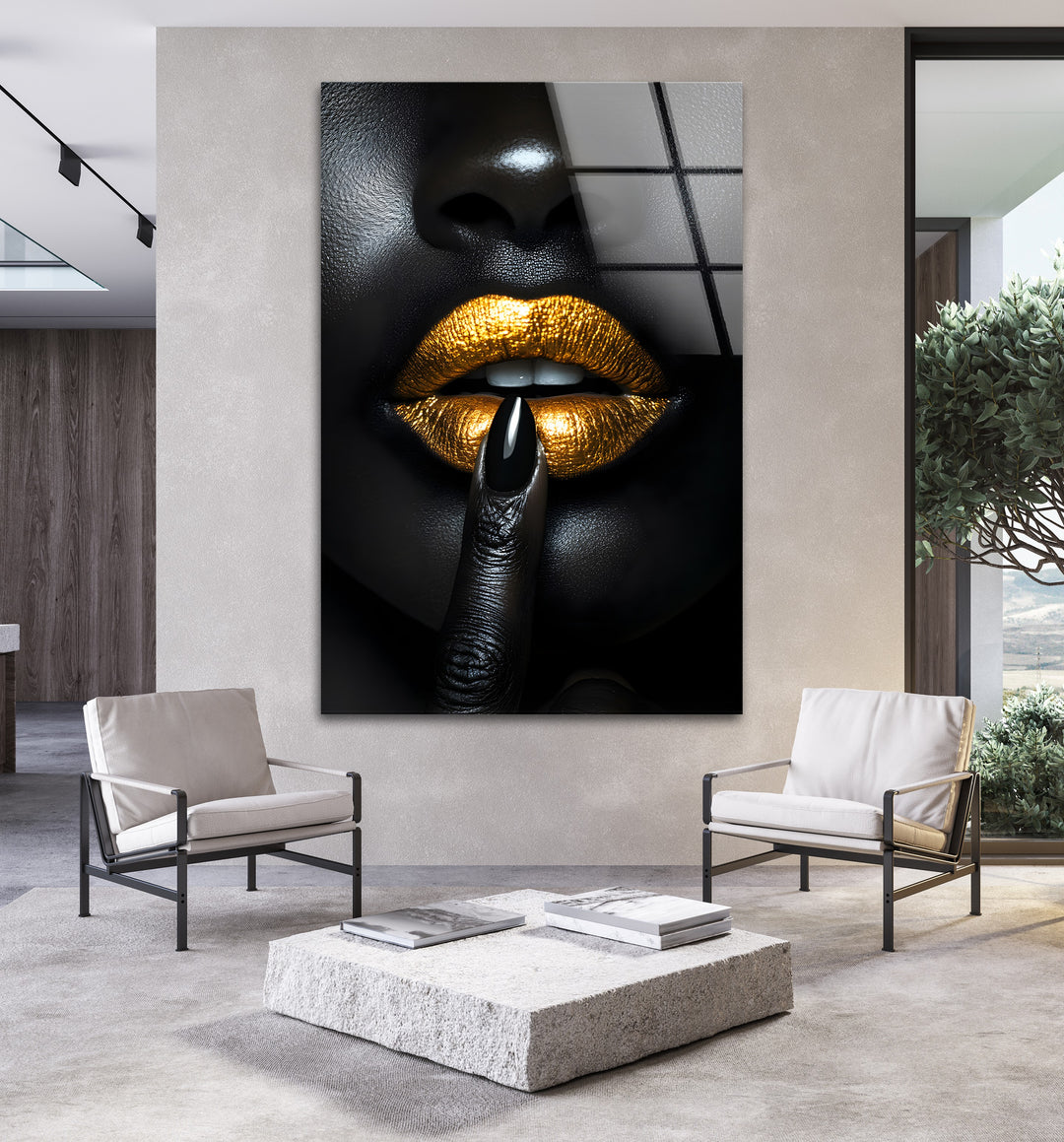 Shimmering gold lips on a bold black background, captured on durable glass for a striking effect.
