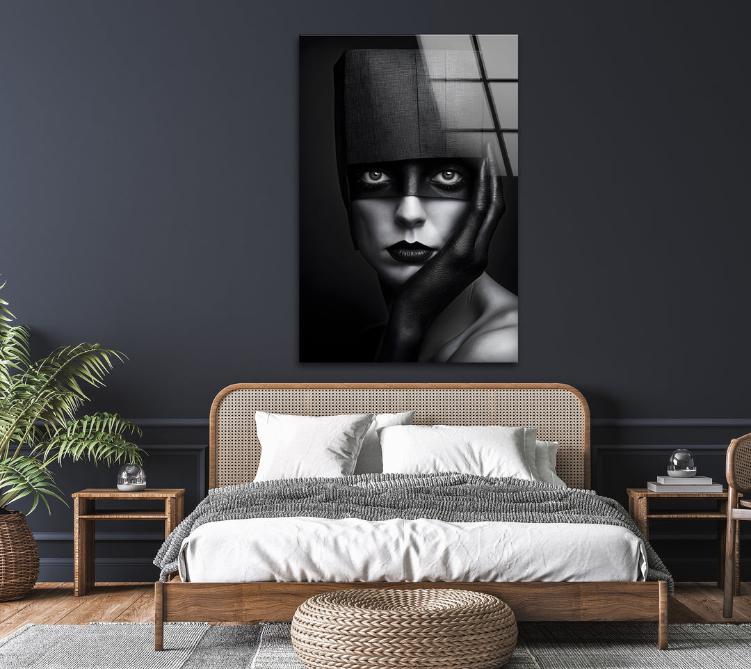 Unique black-and-white abstract portrait wall art on glass for contemporary spaces.
