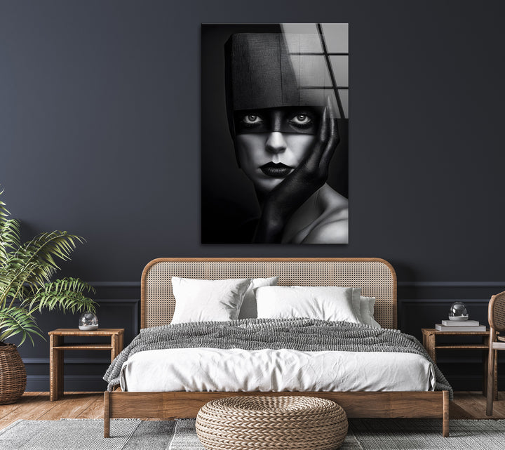 Unique black-and-white abstract portrait wall art on glass for contemporary spaces.
