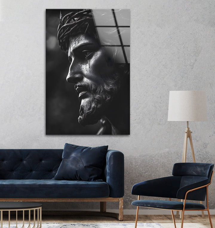 Bold black-and-white Jesus sculpture wall art, offering a spiritual touch to your space.
