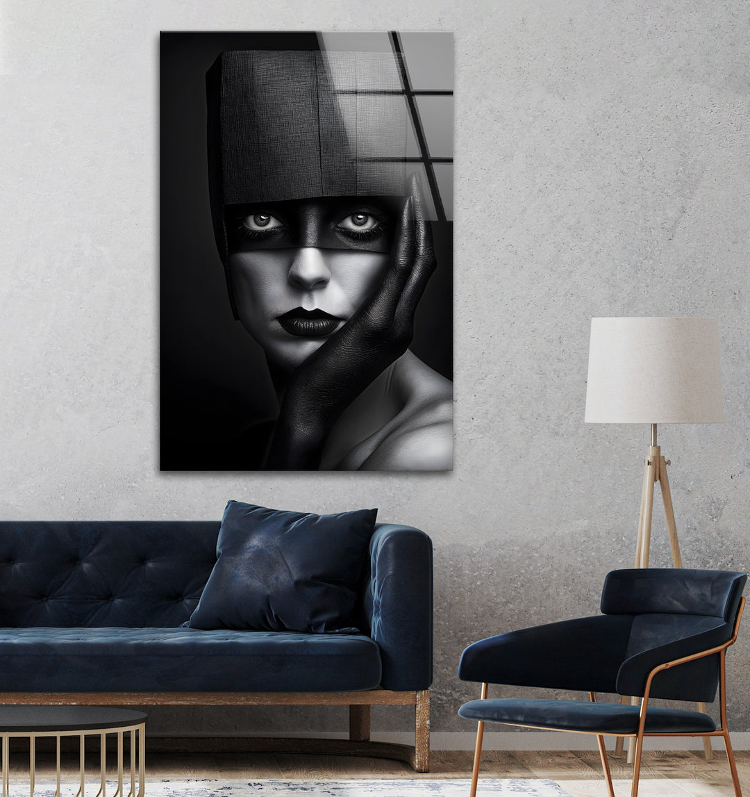 Captivating abstract portrait design on glass, with bold black-and-white tones.
